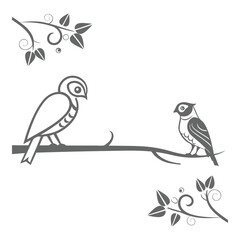 Obraz premium Birds On A Branch Minimalist Vector Illustration With Swirling Leaves Design Elements