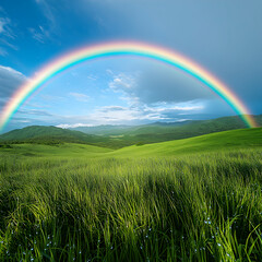 Naklejka premium Double Rainbow Over Green Rolling Hills