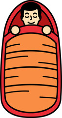 A man sleeping in a red sleeping bag