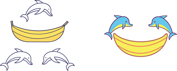 Whimsical Cartoon Dolphins And Banana Boat Illustration On White Background