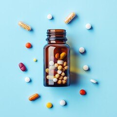 Assortment of colorful pills and tablets in a glass bottle on a light blue background, healthcare and medical concept. Medicine
