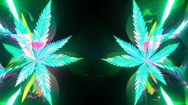 Neon cannabis leaves kaleidoscope background animation