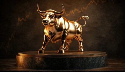 Golden bull statue on dark marble base, set against a stock market graph backdrop