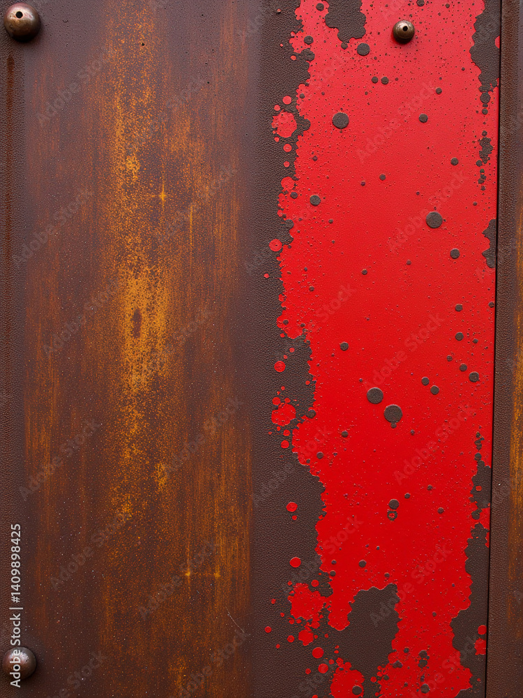 Poster a rusted metal surface with a vibrant abstract red pattern overlaid in the foreground adds depth and