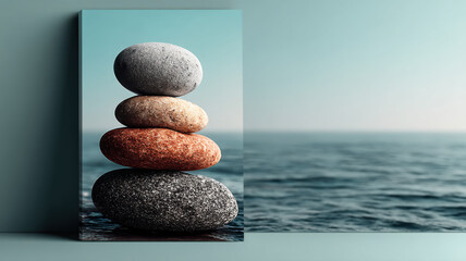 A pile of smooth rounded stones stacked carefully, set against a stunning ocean backdrop, the stones vary in color from gray to brown, casting soft tones that stand out against the dark waters beneath