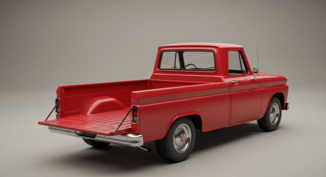 Vintage red pickup truck with open tailgate on beige background