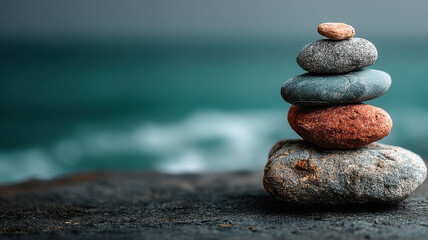 A pile of smooth rounded stones stacked carefully, set against a stunning ocean backdrop, the stones vary in color from gray to brown, casting soft tones that stand out against the dark waters beneath