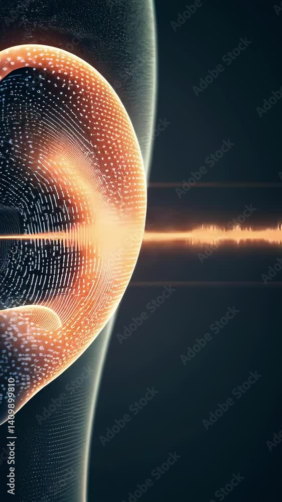Aufkleber Digital animation showing sound waves entering a human ear, visualized as a complex mesh of points and lines, illustrating the process of hearing