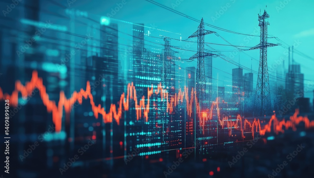 Poster blurred cityscape with red line graph overlay and powerlines against blue sky creating an abstract v