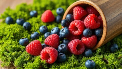  Fresh Raspberries and Blueberries on Moss Background