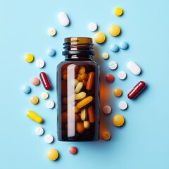 Assortment of colorful pills and tablets in a glass bottle on a light blue background, healthcare and medical concept. Medicine