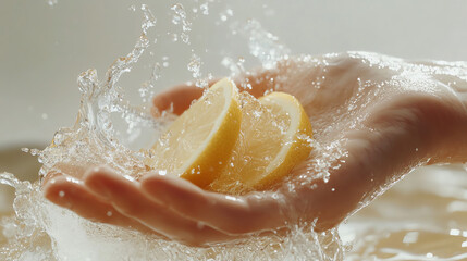 Fototapeta premium Fresh lemon slices held in a hand, splashing water creating a refreshing and vibrant atmosphere.