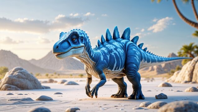 Fototapeta Realistic depiction of a blue dinosaur with a spiked back in a desert landscape under bright sunlight.