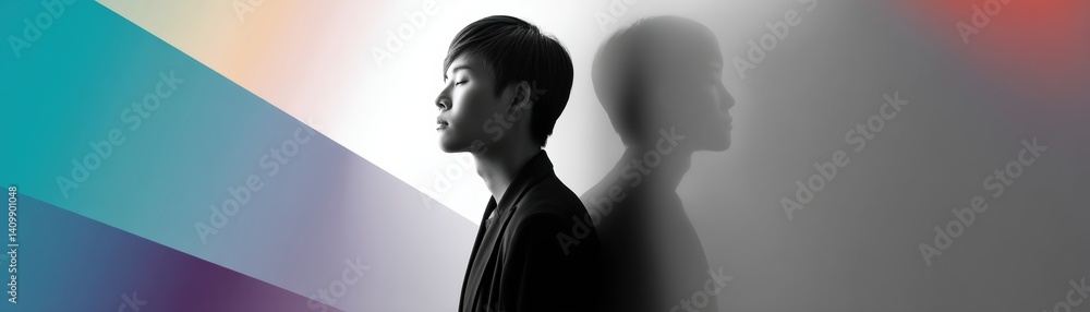Poster a profile image of a person with colorful light rays in the background, highlighting a thoughtful or