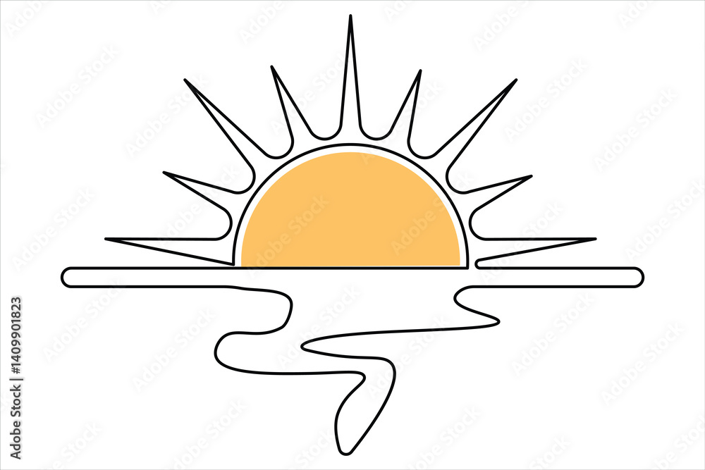 Poster sunset continuous one line art drawing of outline vector design isolated on white