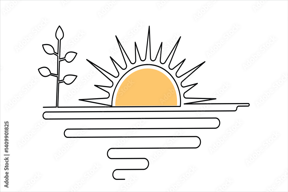 Poster sunset continuous one line art drawing of outline vector design isolated on white