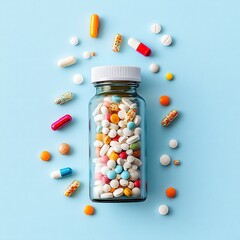 Assortment of colorful pills and tablets in a glass bottle on a light blue background, healthcare and medical concept. Medicine
