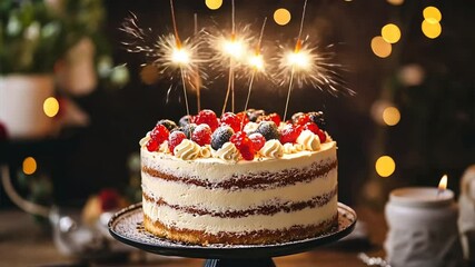 Celebratory Cake: A delectable, multi-layered cake, adorned with fresh berries and sparklers, radiates warmth and cheer, evoking feelings of festivity and special occasions.