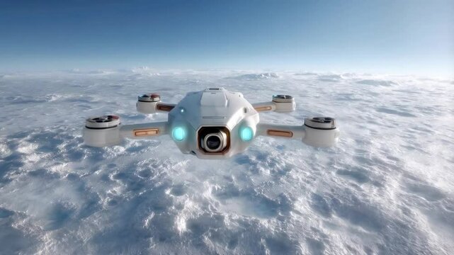 A humanoid drone hovers over a distant planet's surface, utilizing advanced technology for exploration and analysis. This futuristic exploration showcases innovation in planetary research.