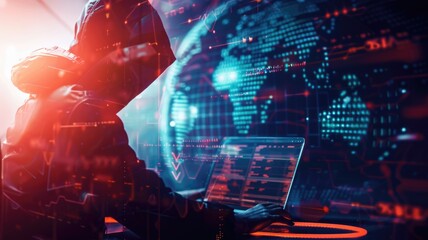 Picture of digital security system to protect dangerous hacking computer user in colorful light of cyberspace style theme. Coding and programming for guarding digital technology from criminal. AIG53.