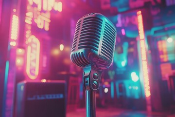 A karaoke bar featuring an array of colorful lights, microphones, and enthusiastic singers