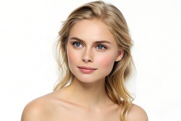 Fototapeta premium Beautiful Young Woman with Natural Makeup and Blonde Hair Posing Against White Background