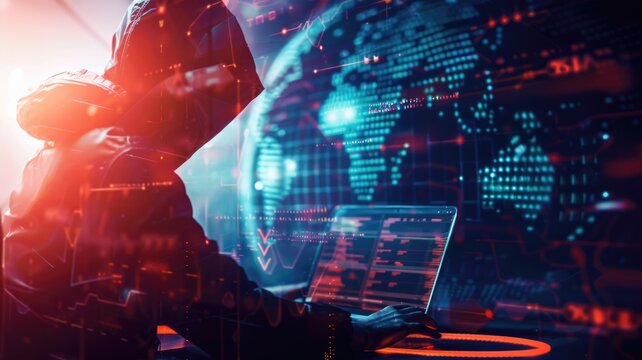 Picture of digital security system to protect dangerous hacking computer user in colorful light of cyberspace style theme. Coding and programming for guarding digital technology from criminal. AIG53.