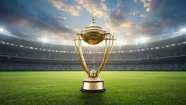 Golden trophy in a cricket stadium at sunset. Possible use Stock photo