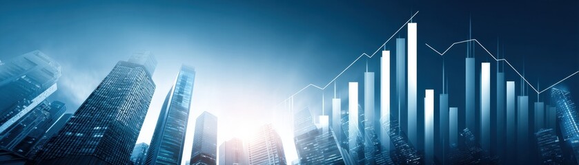 Naklejka premium A futuristic city skyline with skyscrapers, bathed in blue light, and a rising graph illustrating growth and progress.