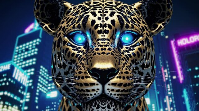 Majestic leopard with glowing blue eyes gazing intently against a vibrant, neon-lit cityscape, creating a striking blend of nature and futuristic technology
