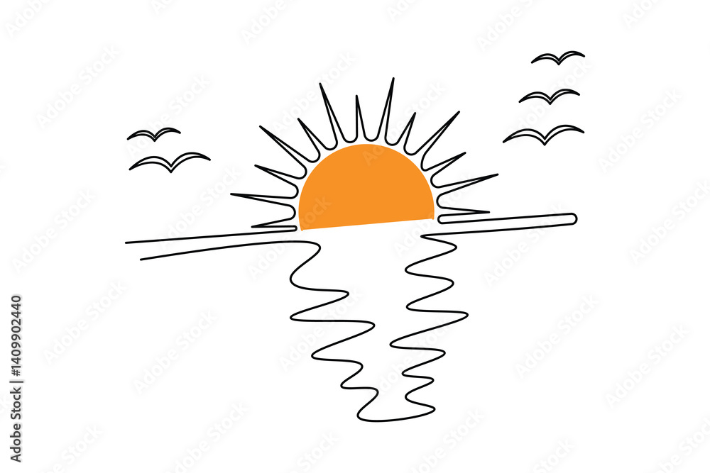 Poster sunset continuous one line art drawing of outline vector design isolated on white