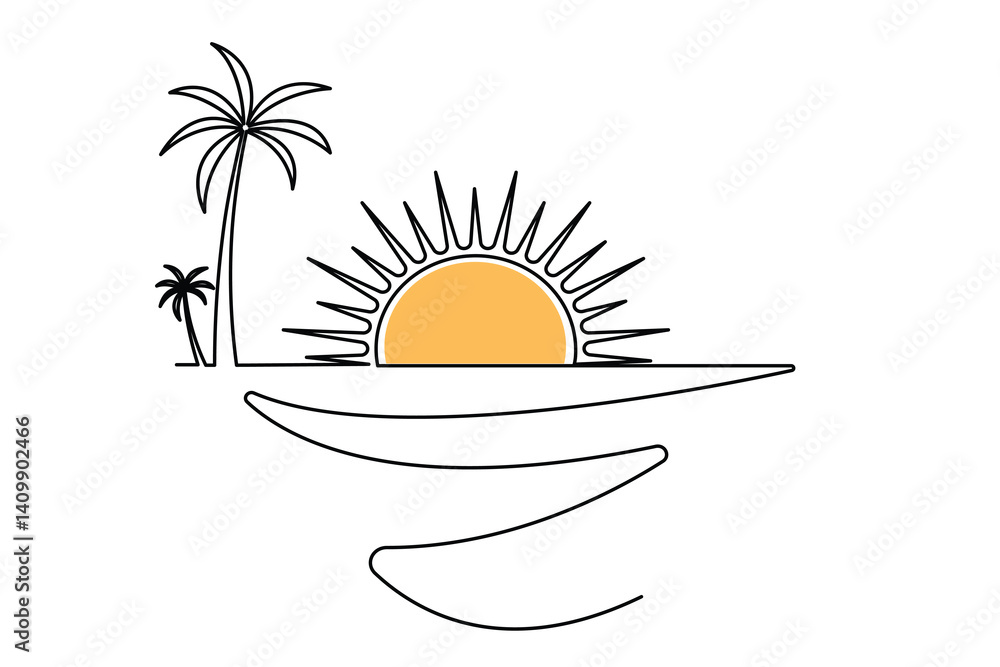 Poster sunset continuous one line art drawing of outline vector design isolated on white