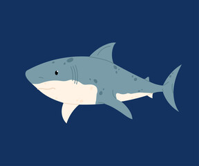 Cute marine animal in sea or ocean. Shark swimming underwater. Funny ocean fish. Undersea fauna. Flat illustration.