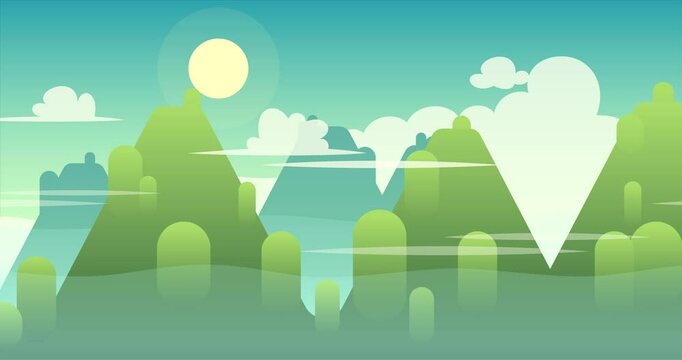2D Parallax Looping Animation of a Peaceful Mountain Landscape. Green trees, fluffy white clouds and distant mountain peaks.