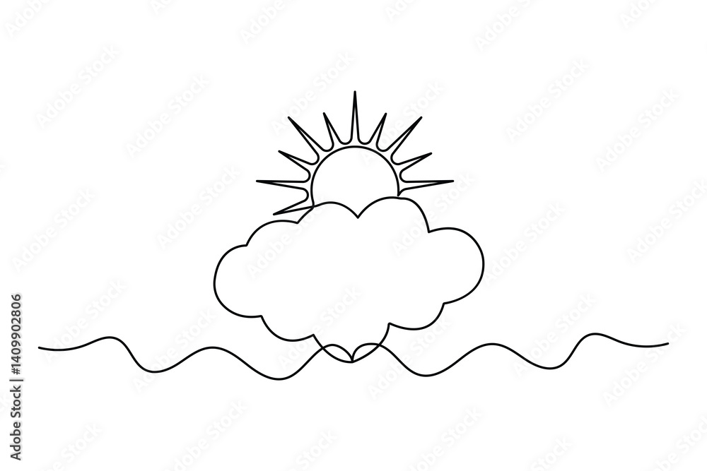 Poster sunset continuous one line art drawing of outline vector design isolated on white
