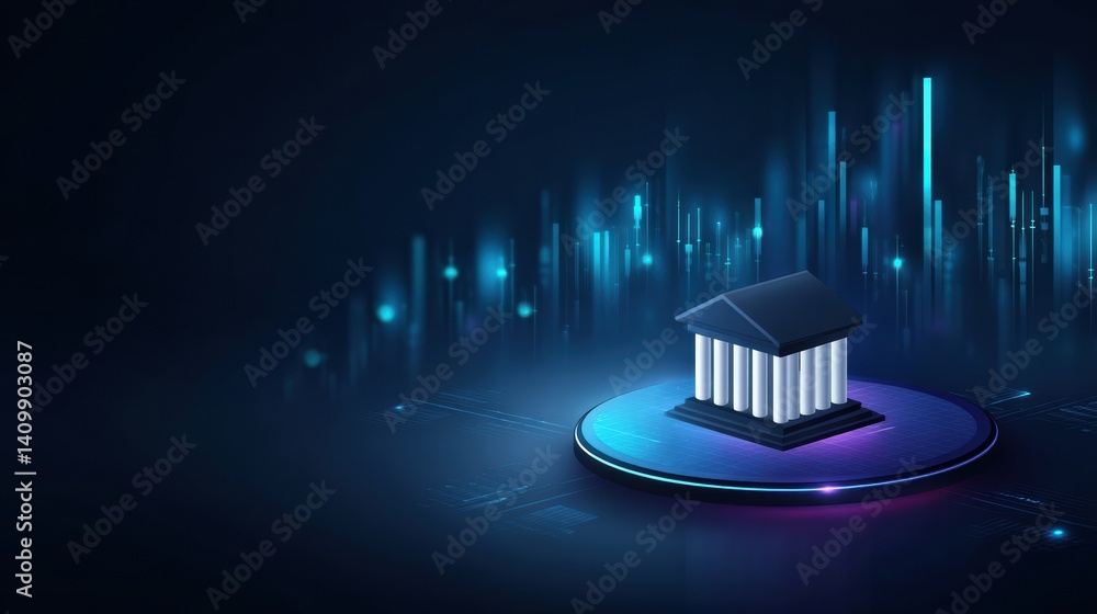 Aufkleber a digital representation of a building with columns, set against a futuristic backdrop of blue and p