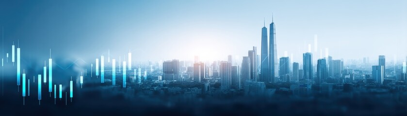 Fototapeta premium A modern city skyline featuring skyscrapers with a digital overlay of financial data and trends, conveying a sense of urban growth and technological advancement.