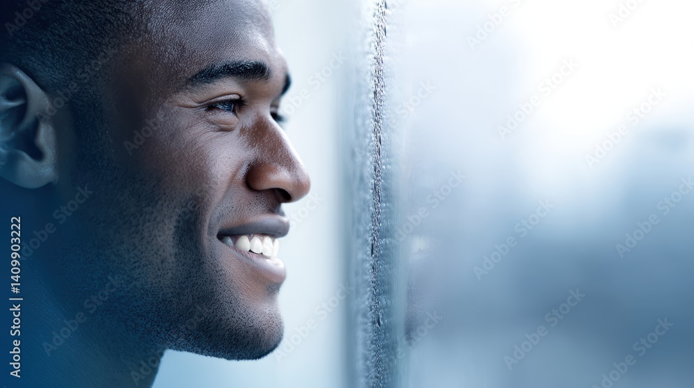 Poster a close-up of a smiling man gazing out of a window, with a reflective surface adding a serene and co