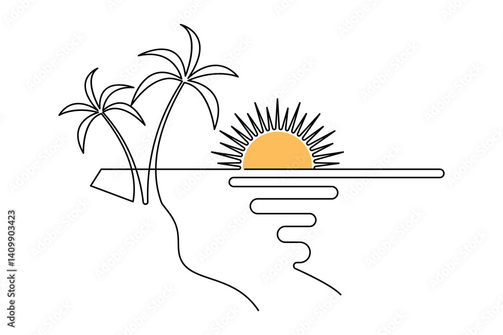 Poster sunset continuous one line art drawing of outline vector design isolated on white