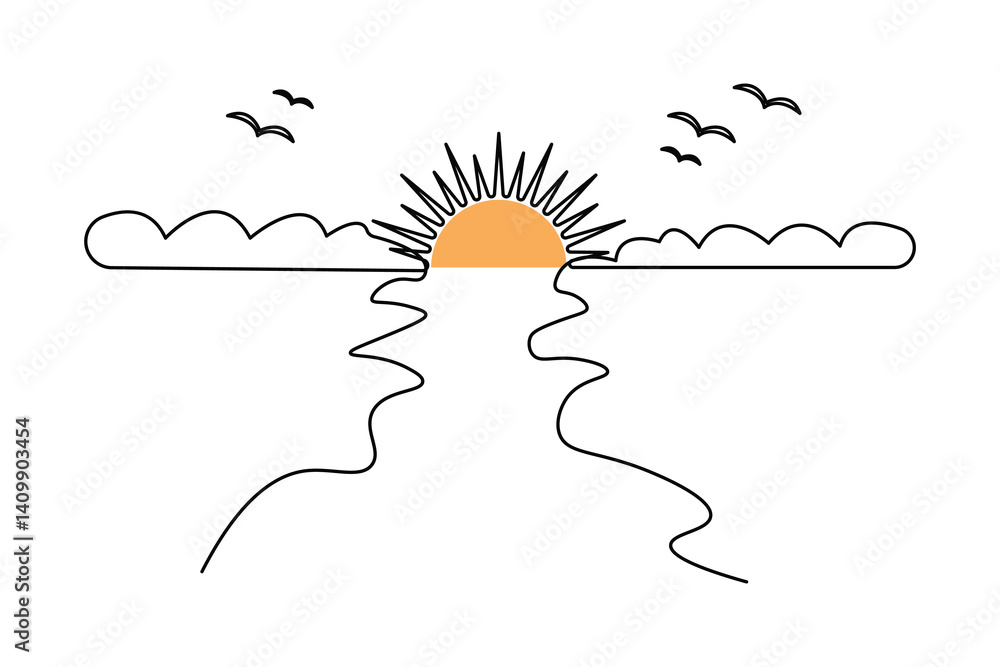 Poster sunset continuous one line art drawing of outline vector design isolated on white