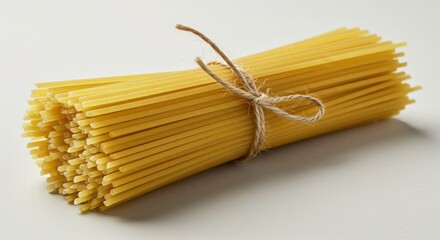 A close-up shot of uncooked golden spaghetti tied with rustic twine showcasing texture and elegance