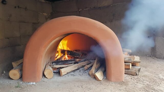 Outdoor terracotta oven, wood burning, smoking, warming, cooking, stone walls