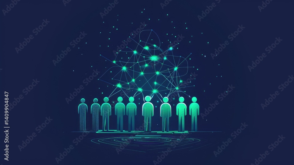 Poster human avatar gathering as group representation unity of people. minimal style icons in digital form 