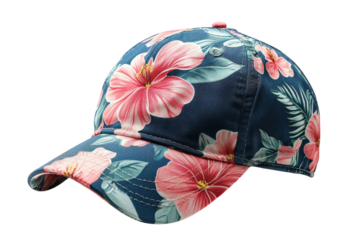 Vibrant hibiscus floral baseball cap stylish summer fashion accessory navy on transparent background