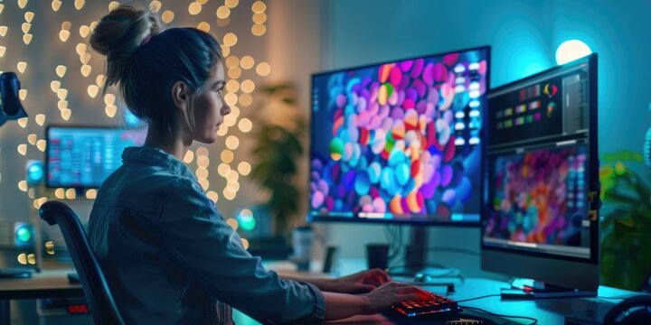 A graphic designer works at a computer while a holographic AI muse projects vibrant color palettes and layout suggestions. The scene captures the blend of technology and creativity in a modern design - Powered by Adobe