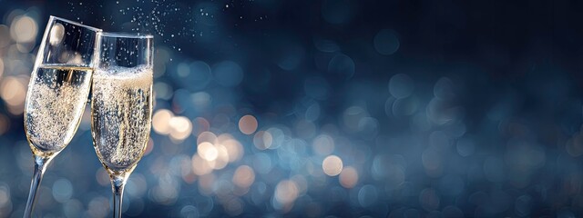Two Champagne Flutes Toasting Against a Sparkling Blue Background