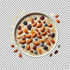 A black charcoal pieces, showcasing their rugged, textured surfaces and deep, Wholesome Oatmeal Breakfast with Nuts and Dried Fruits on transparent background, png, psd
