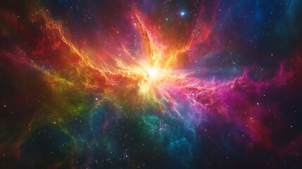Fototapeta premium Vibrant Cosmic Nebula in Deep Space, A vibrant cosmic nebula with colorful gases and stars in deep space