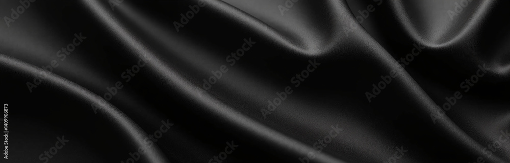Poster Beautiful Black Satin Background Features Soft Wavy Folds On A Smooth, Shiny Surface Ideal For Anniversary And Other Event Designs.