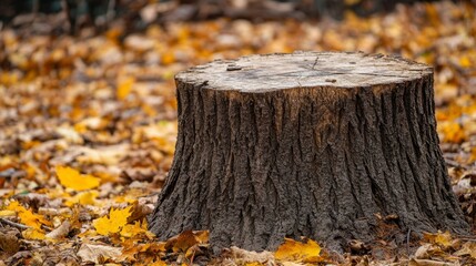 Detailed Tree Stump Surrounded by Colorful Autumn Leaves in Nature
